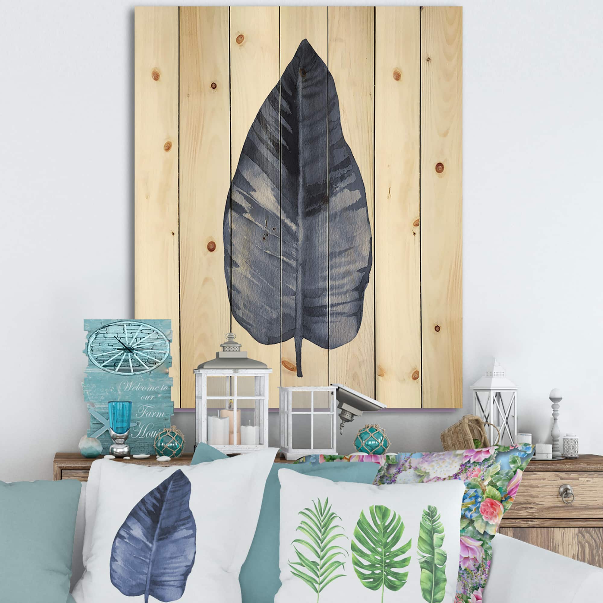 Designart - Blue Leaf Watercolour On White